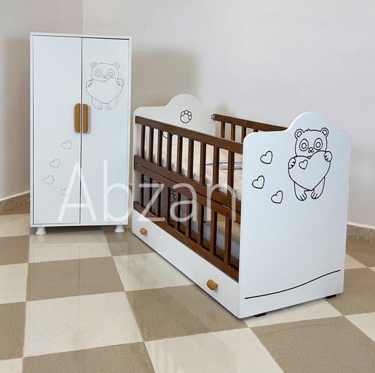 lit de bébé bois rouge avec armoire
